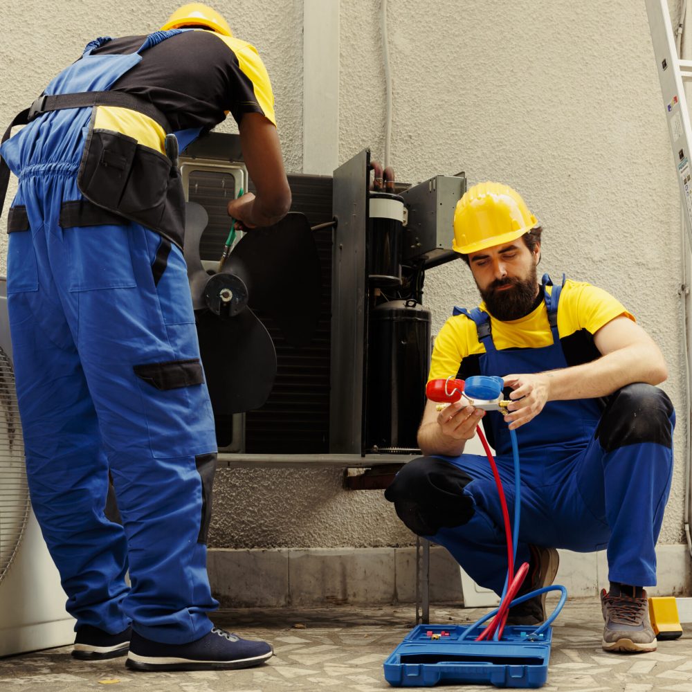 Seasoned mechanic getting rid of layer of dirt and dust from hvac system evaporator while coworker uses benchmarking tool to check for freon leaks and read pressure in air conditioner system